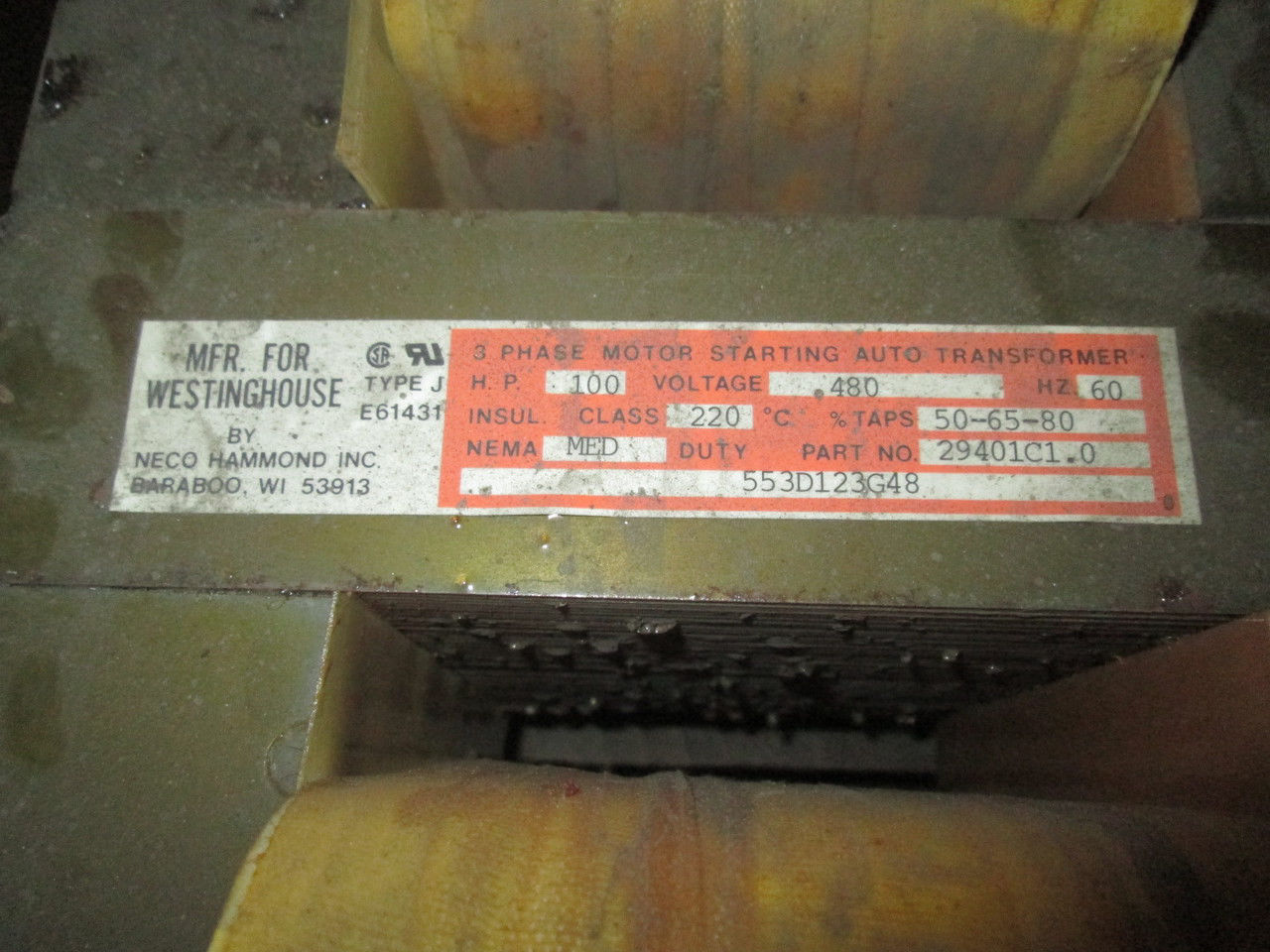 NecoHammond 29401C1.0 100HP 480V 2Coil Auto Transformer Used