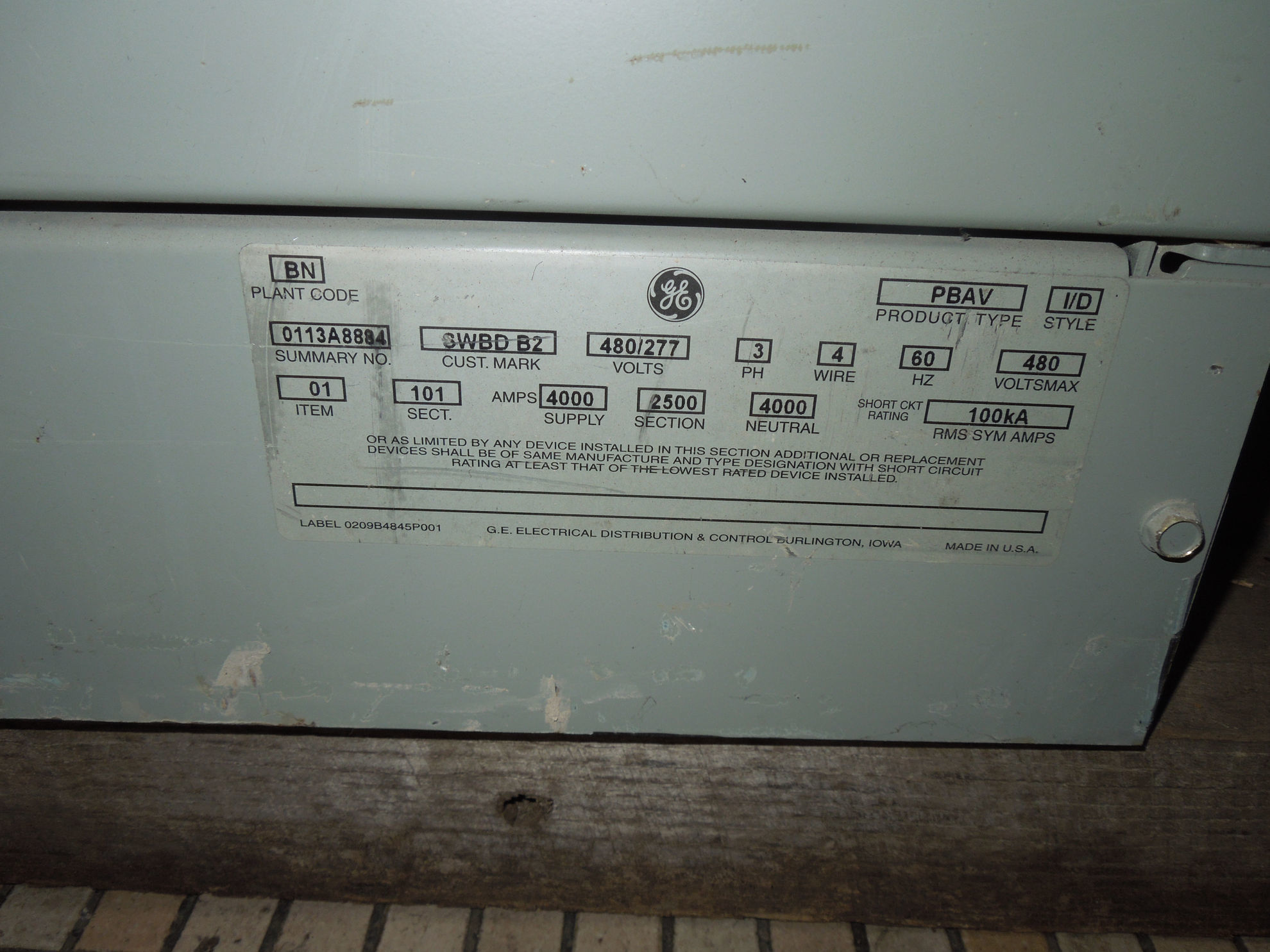 GE Power Break II Switchboard 4000 Amp MLO 480Y/277 Volt 3PH 4W NEMA 1