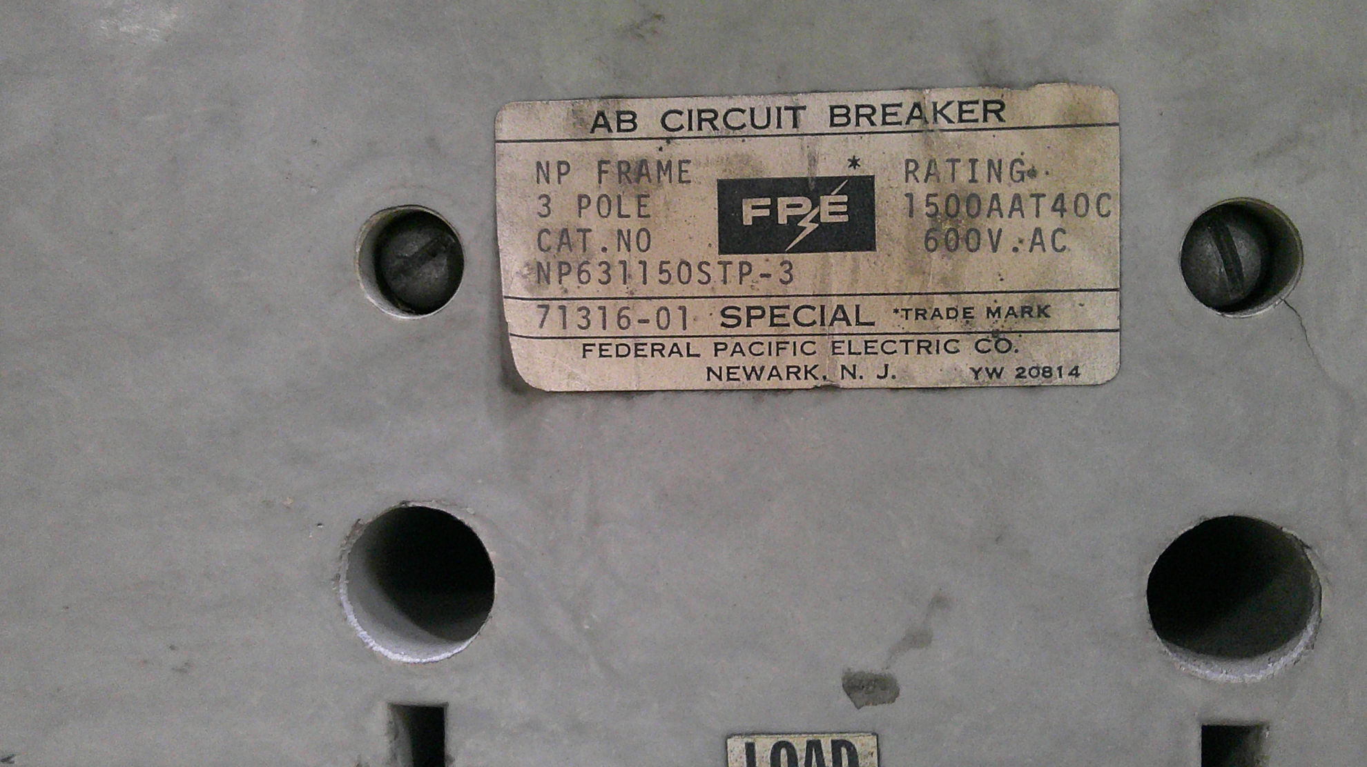 FPE NP631150STP-3 Circuit Breaker 1500 Amp 600 Volt AC M/O F/M | Used ...