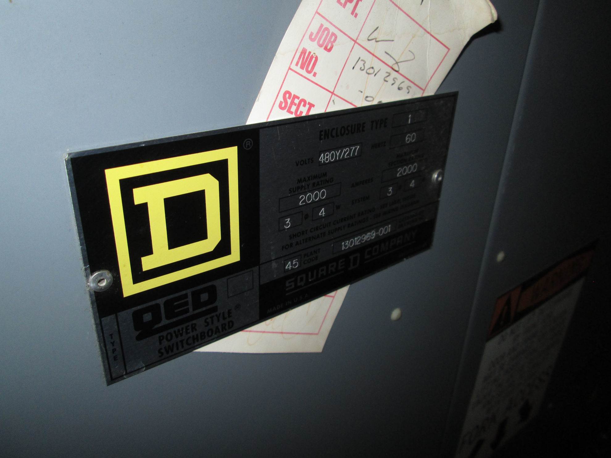 Square D QED Power Style Switchboard 2000 Amp 480Y/277 Volt 3 Ph 4W NEMA 1 R&G Used