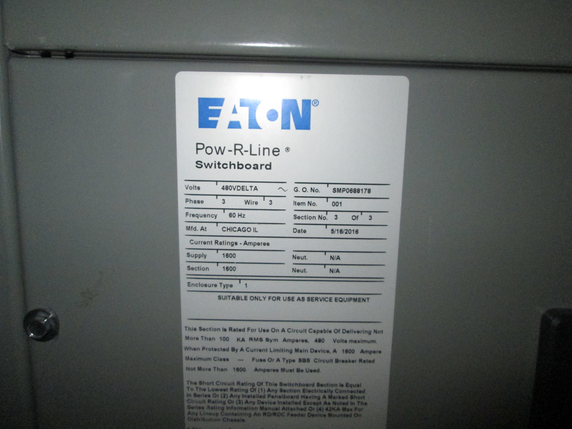 Eaton PowRLine Switchboard 1600 Amp 480Y/277 Volt 3Ph 4W NEMA 1 R&G