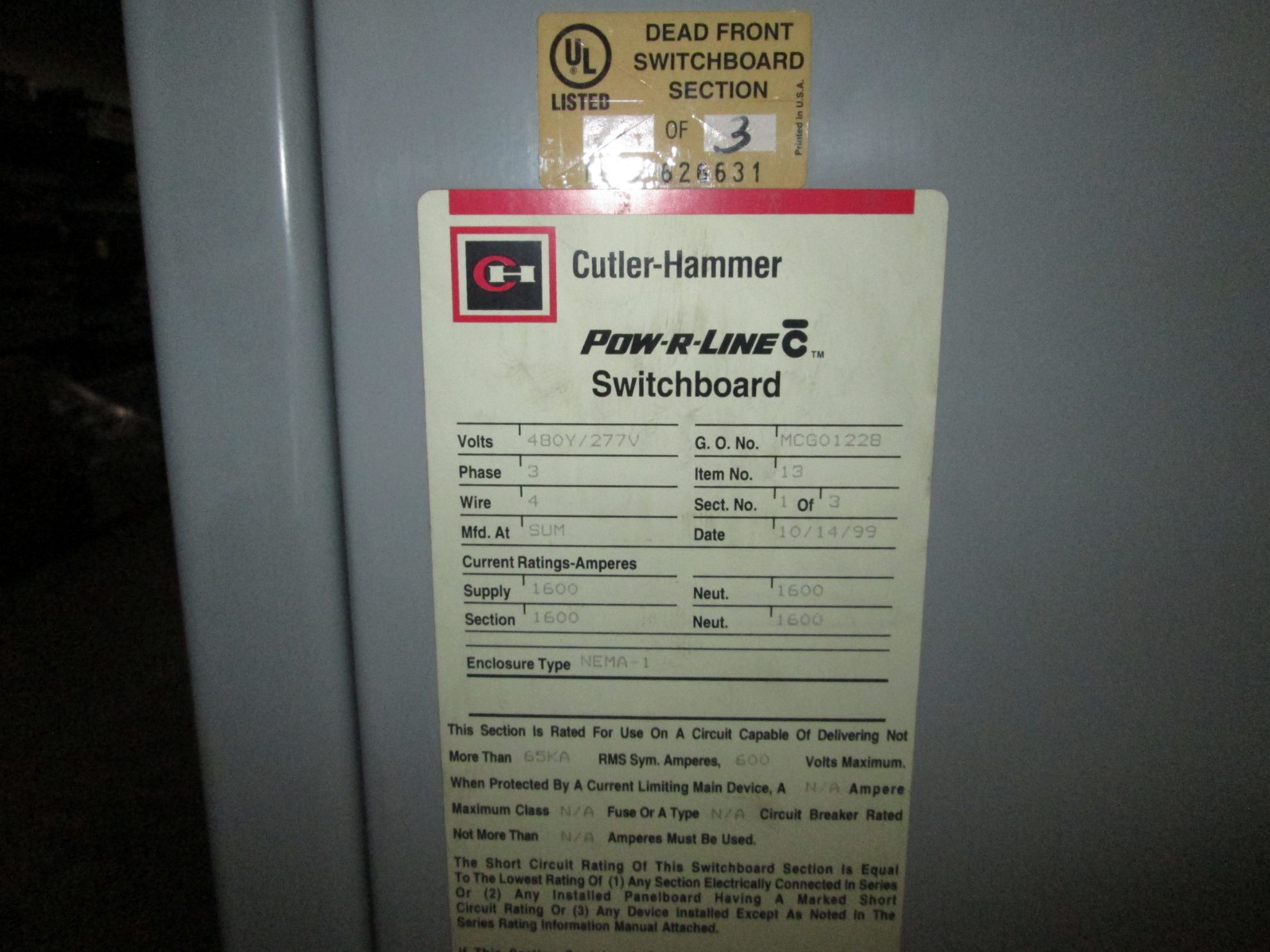Cutler-Hammer Pow-R-Line Switchboard CRD316T36W | 1600 Amp Main Breaker ...