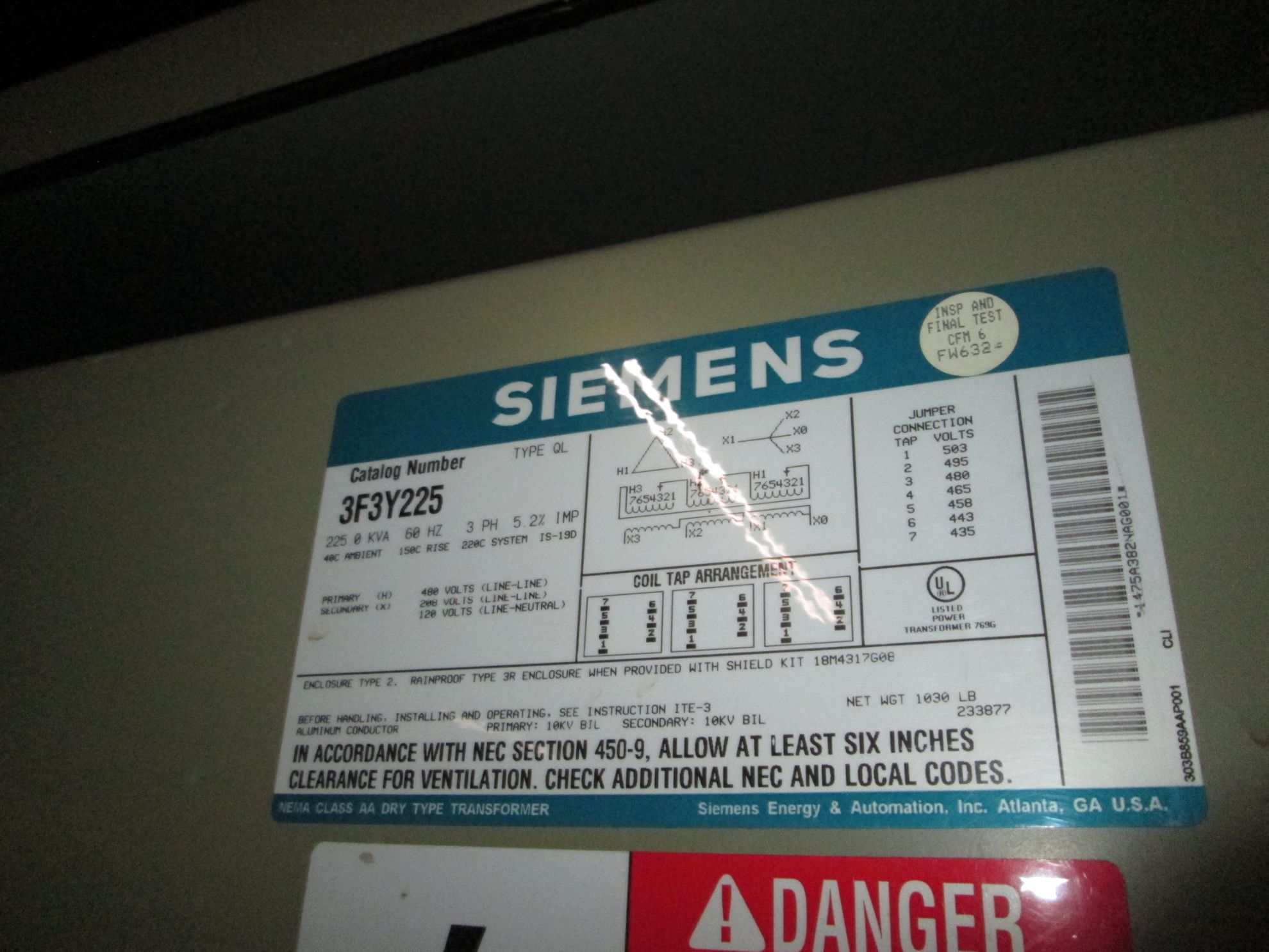 Siemens Low Voltage Dry Type Transformer | 225 KVA 480-208Y/120 Volt ...