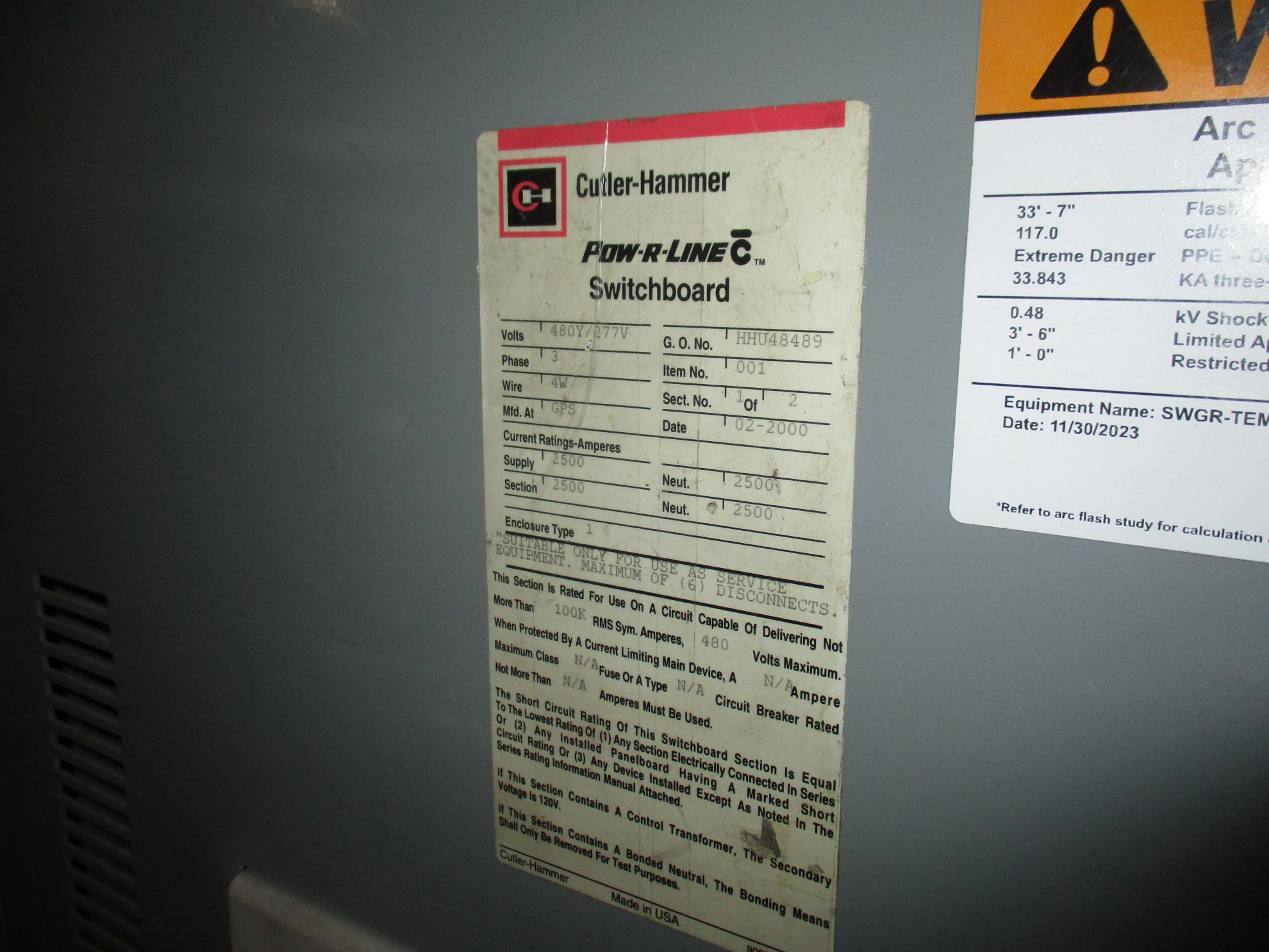Cutler-Hammer Power-R-Line Switchboard RGH325039E | 2500 Amp Main ...