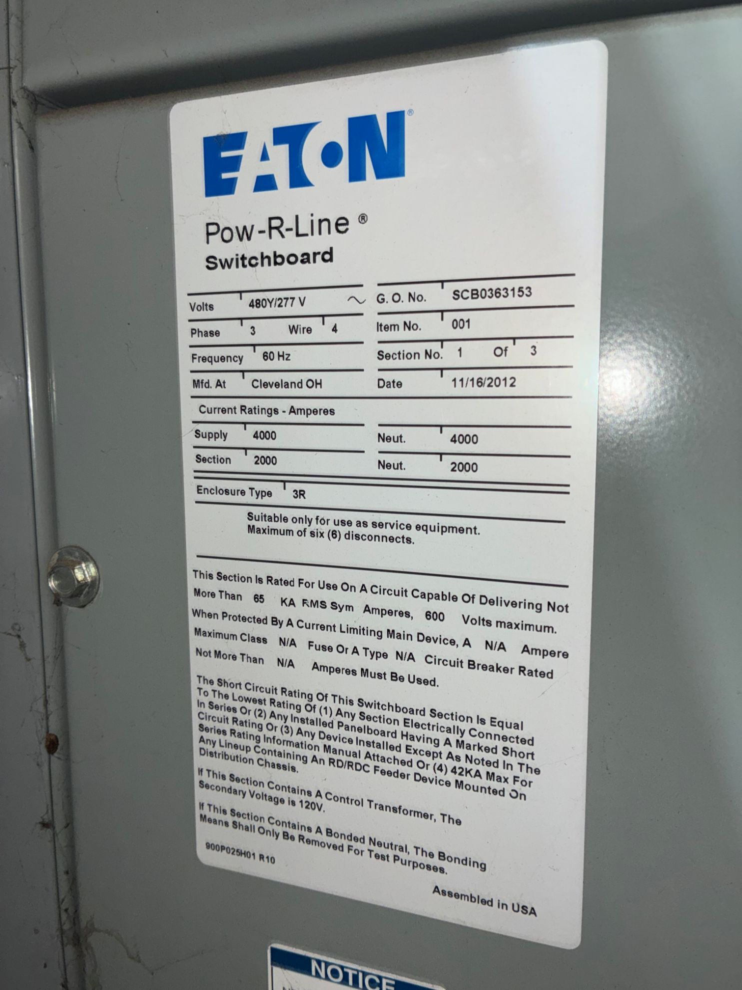 Eaton Pow-R-Line Switchboard RGH320035E | 2000 Amp Main Breaker | 480Y ...